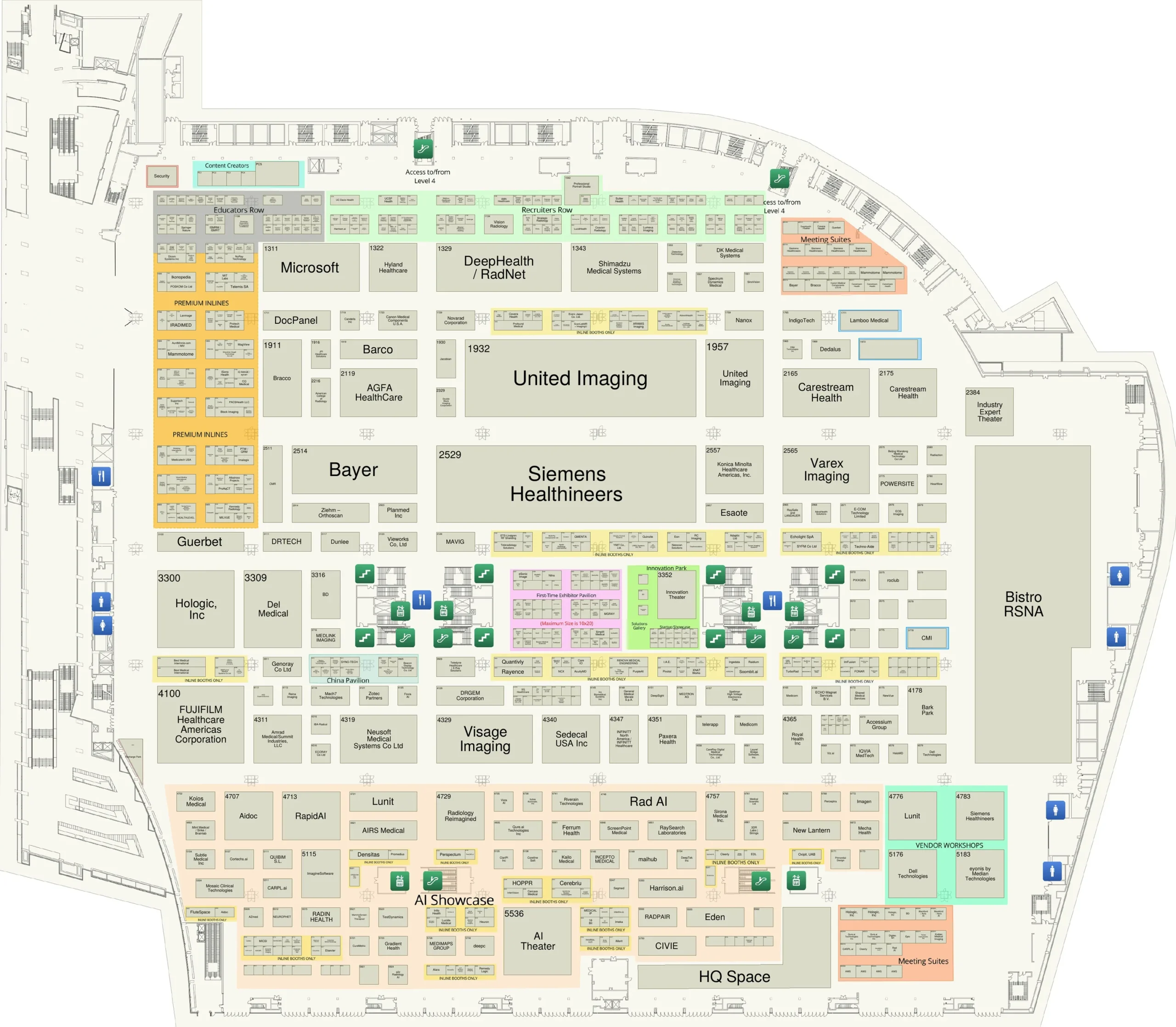 RSNA 2026 exhibit floor map of South Hall Level 3, with the Medimaps Group booth 5728 marked in the AI Showcase